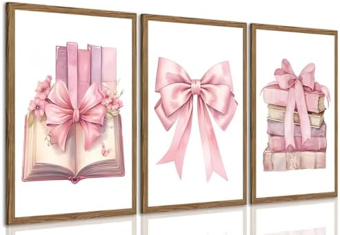 JBZDD Bow decor Art Set of 3, Book Lovers Gifts Preppy Decor Trendy Pink book by JBZDD