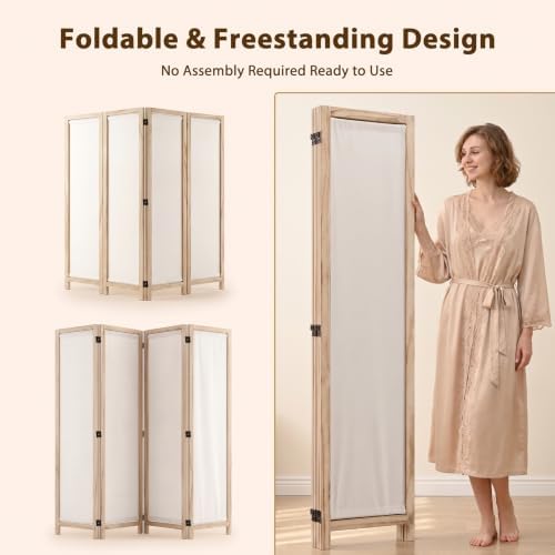Wood Room Divider Panel with Linen Fabric, Boho Folding Privacy Screen 67" - Image 7