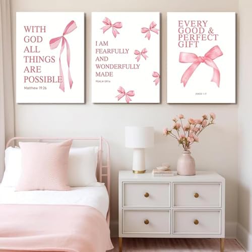 Coquette Pink Bow Canvas Wall Art Set of 3, Inspirational Bible Verses Decor - Image 5