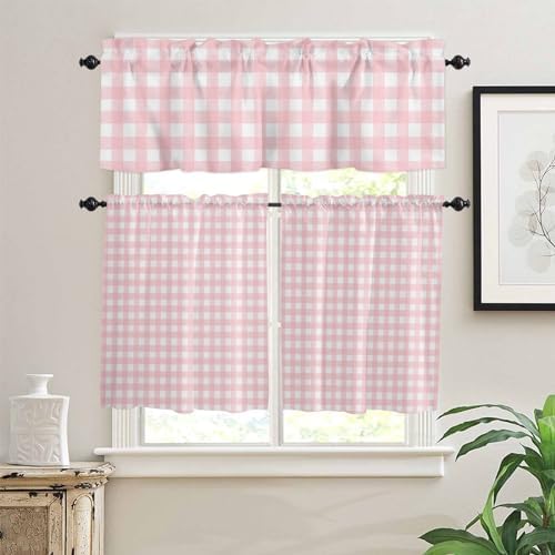 Christmas Kitchen Curtains and Valances Set, Rustic Pink White Buffalo Check - Image 2