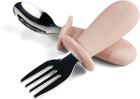 Ali+Oli Spoon & Fork Learning Set for Toddlers (Powder Pink) 6m+ Grab Easy BPA Free Food-Grade Silicone Handle, Kids Silverware Self Feeding Baby Utensil, Multi-stage Baby Feeding Set Ergonomic Design