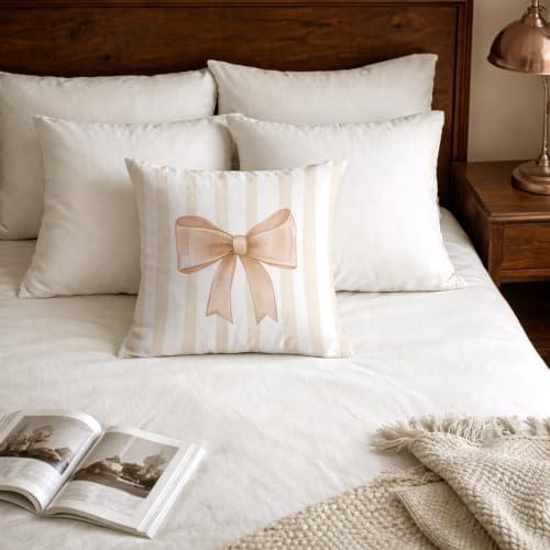 Beige Bow Decorative Throw Pillow 18x18 Inch – Cute Blush Pink Striped Pillow - Image 5