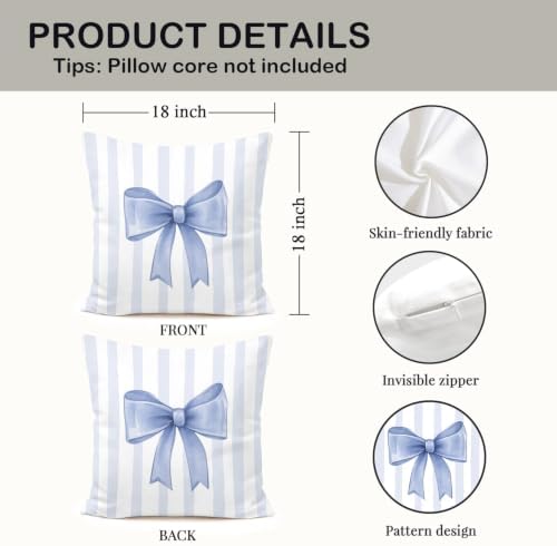 Blue Bow Decorative Throw Pillow 18x18 Inch – Cute Blush Pink Striped Pillow - Image 2