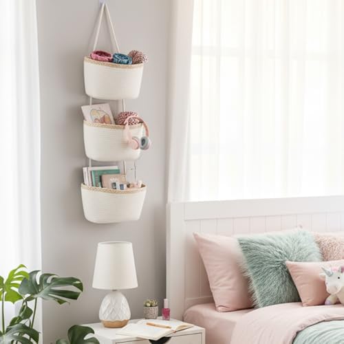 TeoKJ Over the Door Hanging Basket, 3-Tier Woven Cotton Wall-Mounted Storage - Image 3