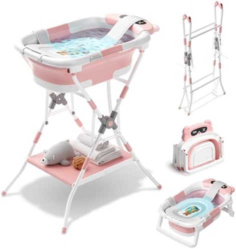 Baby Bathtub with Stand, Foldable Metal Standing Baby Bath Tub, 3-in-1 by BALLABALEIN