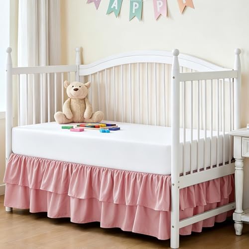 Ruffled Crib Bed Skirt, Light Pink, Soft Double Layer by Cobedzy