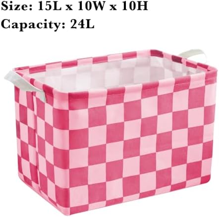 Hot Pink Coral Checkered Canvas Basket, Rectangular Organizing Decorative - Image 6