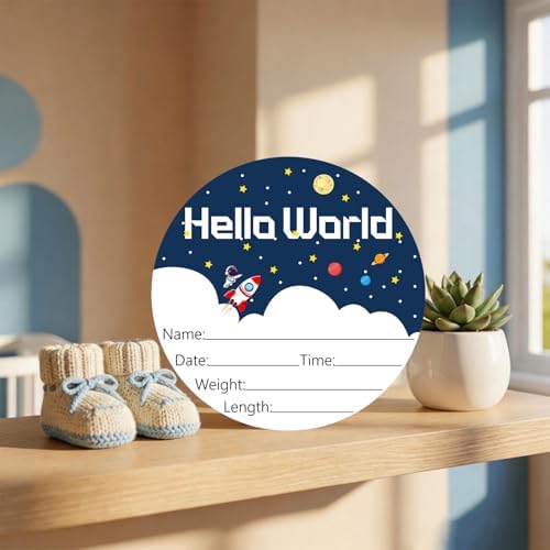 Birth Announcement Sign Hello World Baby Name Wood Spaceship Theme - Image 5