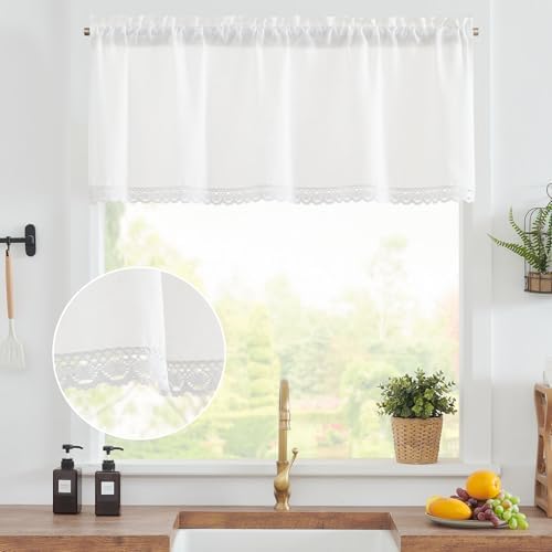 jinchan Off White Linen Lace Trim Valance Curtain 18Inch Rod Pocket 1 Panel - Image 2