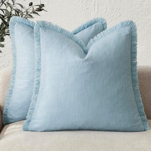 Foindtower Decorative Linen Fringe Throw Pillow Covers 18×18 Light Blue by Foindtower