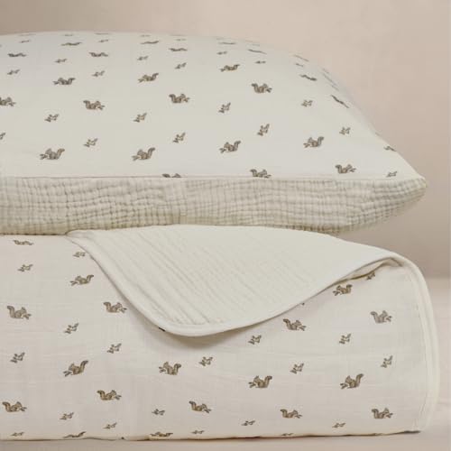 Oilo Squirrel Crib Bedding Set, 5-Layer Organic Cotton Muslin Crib Quilt & Sham by OiloStudio