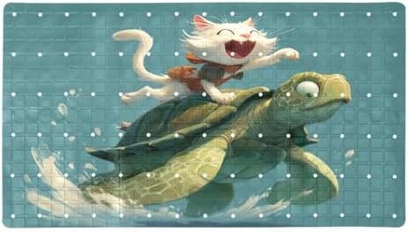 Shower Mat Non Slip 26.8 x 15.1 Inches, Cat Riding Turtle Bathtub Mat Shower by Anna+Cowper