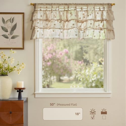 jinchan Ruffled Kitchen Valance Pom-Pom Sheer 1 Panel 18 Inch Beige - Image 5