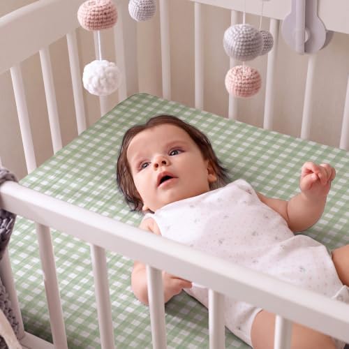 Breling 2 Pcs Muslin Green and Green Gingham Crib Sheets - Image 4