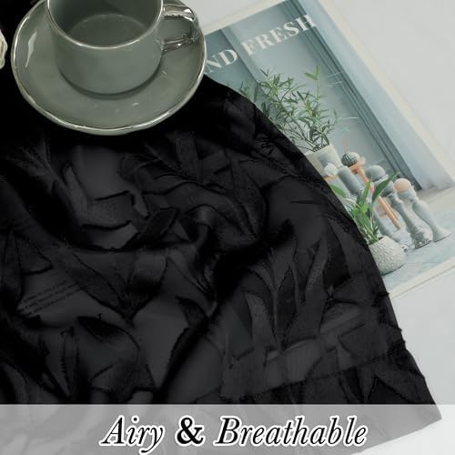 Lecloud Leia Black Sheer Kitchen Curtains 18 Inch Length 2 Pcs, Jacquard Leaf - Image 2