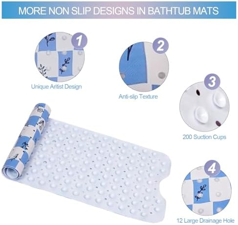 Bathtub Mat Non Slip 40x16 Inch Extra Long Bath Mat, Rustic Flowers Design - Image 3
