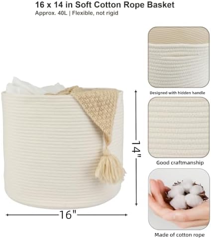 XUANGUO Cotton Rope Basket For Girls Boys Kids 16”X14” White - Image 2