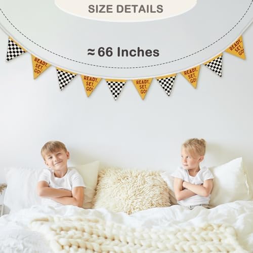 Race Car Room Decor for Boys Canvas Linen Garland Triangle Banners, Ready Set - Image 5