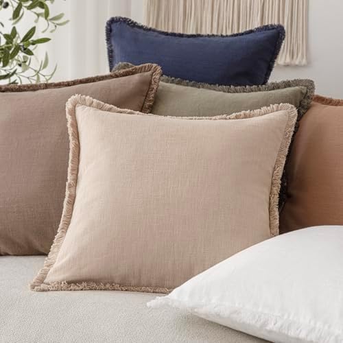 Foindtower Decorative Linen Fringe Throw Pillow Covers 20×20 Inch, Tan Beige - Image 5
