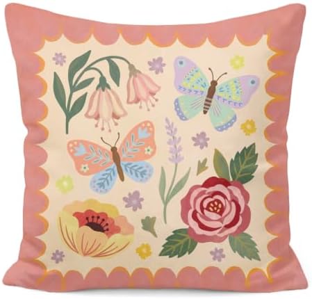 Folk Art Floral Butterfly Pink Pillow Cover 18x18 by Unknown