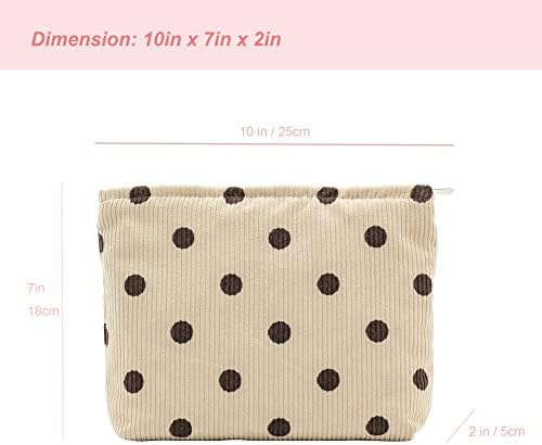 Flat Makeup Bag for Women, Zipper Cosmetic Pouch for Purse, Polka Dot Beige - Image 2