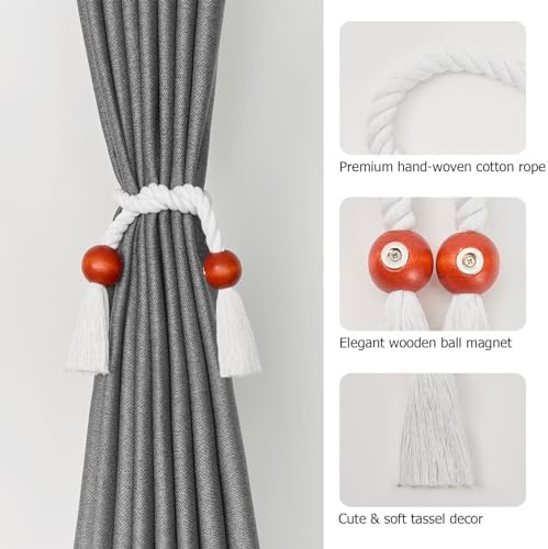 NICEEC 2 Pack Wooden Ball Magnetic Curtain Tiebacks Boho Home Decor Drape Tie - Image 3