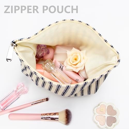 Flat Makeup Bag for Women, Zipper Cosmetic Pouch, Vintage Stripe Navy Blue - Image 2