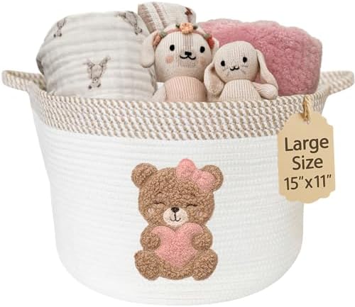 Pink Teddy Bear Baby Storage Basket, Cotton Rope Nursery Bin, 15x11 in by KeminaBlankets