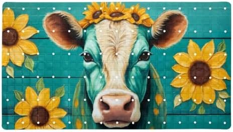 Shower Mat Non Slip, Cow Sunflower on Teal Plank Anti Slip Bath Mat by Anna+Cowper
