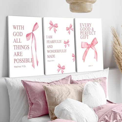 Coquette Pink Bow Canvas Wall Art Set of 3, Inspirational Bible Verses Decor - Image 2