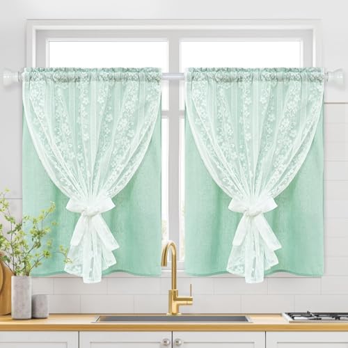 ASPMIZ Linen Kitchen Curtains 36 Inch Double Layer Kitchen Window Curtains by ASPMIZ