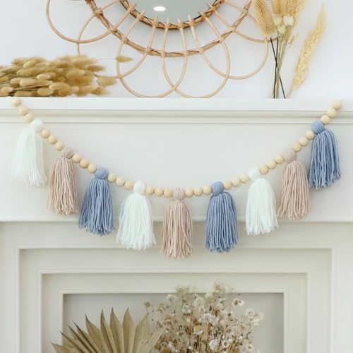 Boho Blue Tassel Garland Baby Boy Shower Decorations by DCJHFJ