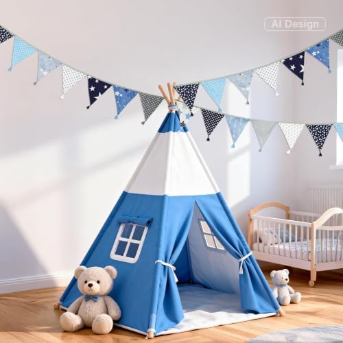 G2PLUS 10.8Ft Cotton Triangle Bunting Banner – 12pcs Blue and Gray Fabric - Image 6