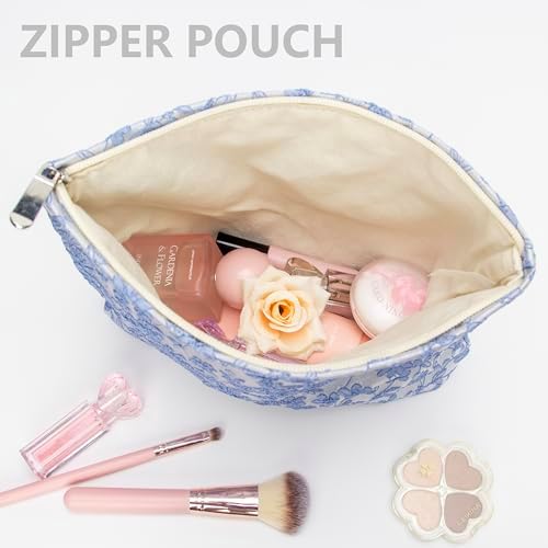 Flat Makeup Bag for Women, Zipper Cosmetic Pouch for Purse, Brocade Silver - Image 3