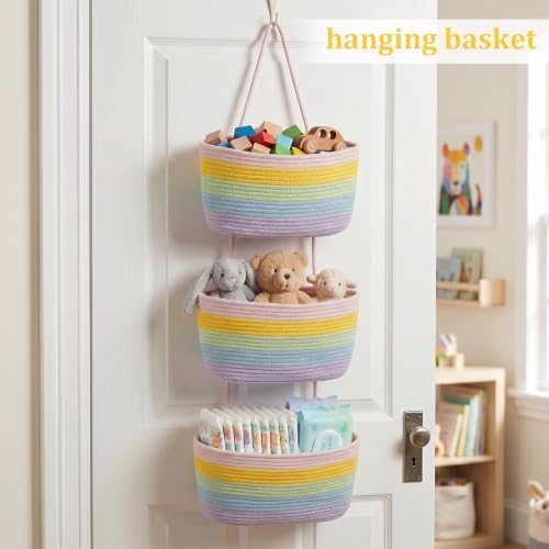 TeoKJ Over the Door Hanging Basket, 3-Tier Woven Cotton Wall-Mounted Storage - Image 4