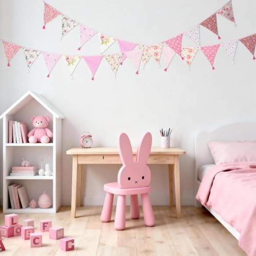 G2PLUS 10.8Ft Cotton Triangle Bunting Banner – 12pcs Pink Floral Fabric Pennant - Image 6