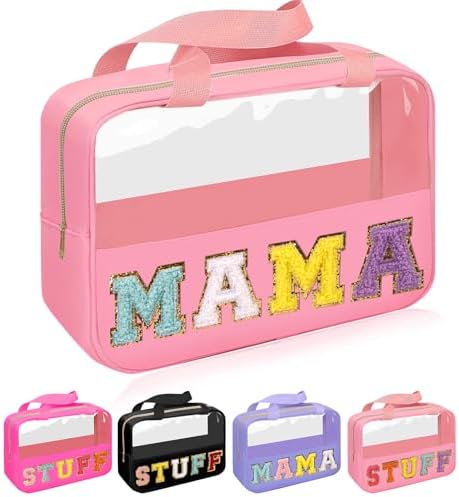 Iqimott Chenille Letter Patch Mama Bag, Preppy Clear Makeup Cosmetic Bag Large by Iqimott