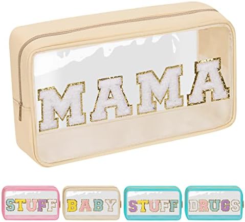 Iqimott Clear Patch Makeup Bag Mama Pouch, Preppy Personalized Chenille Letter by Iqimott