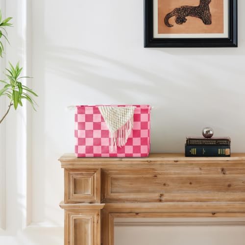 Hot Pink Coral Checkered Canvas Basket, Rectangular Organizing Decorative - Image 2