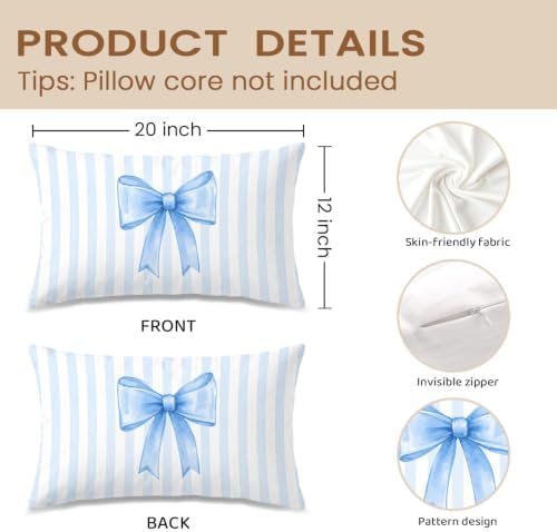 Coquette Blue Bow Pillow Covers 12x20, Coquette Room Decor, Preppy Blue Striped - Image 2