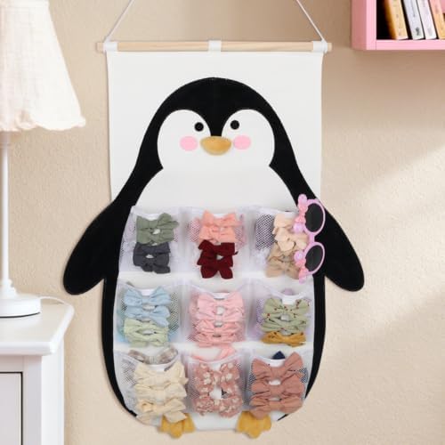 Penguin Hair Bow Organizer for Girls, 9 Mesh Pockets w/Ribbons by iHansee