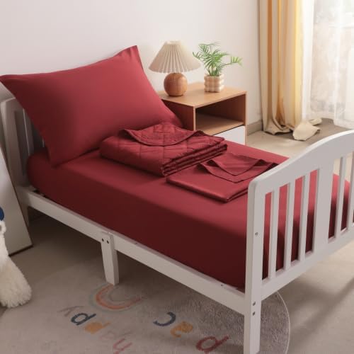 BEDSUM 4pc Toddler Cooling Bedding Set, Rayon Made from Bamboo, Wine Red - Image 6