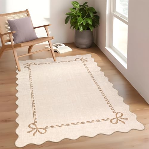 GarveeHome Scalloped Bow Rug 4x6 Washable Beige Rug by GarveeHome