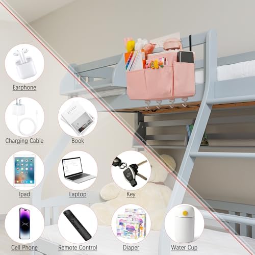 Bedside Caddy Organizer 5 Pockets 4 Hooks Bunk Bed 2Pack Pink - Image 3