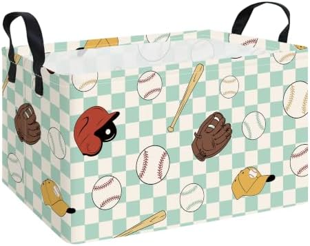 Rectangular Collapsible Storage Basket Toy Organizer Green Grid Baseball by LANGYASHAN