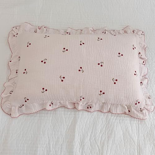 BuLuTu Muslin Cotton Ruffled Pillowcase Standard 20"x26", Cherry Print - Image 4