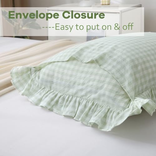 2 Pack Pile Green Gingham Euro Sham Pillow Covers 26''x26'' - Image 4