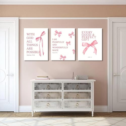 Coquette Pink Bow Canvas Wall Art Set of 3, Inspirational Bible Verses Decor - Image 7
