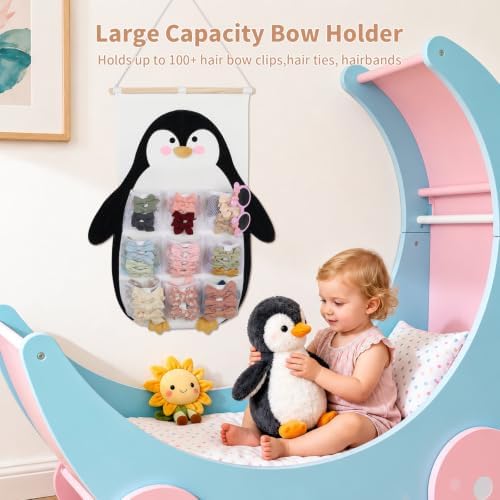 Penguin Hair Bow Organizer for Girls, 9 Mesh Pockets w/Ribbons - Image 3