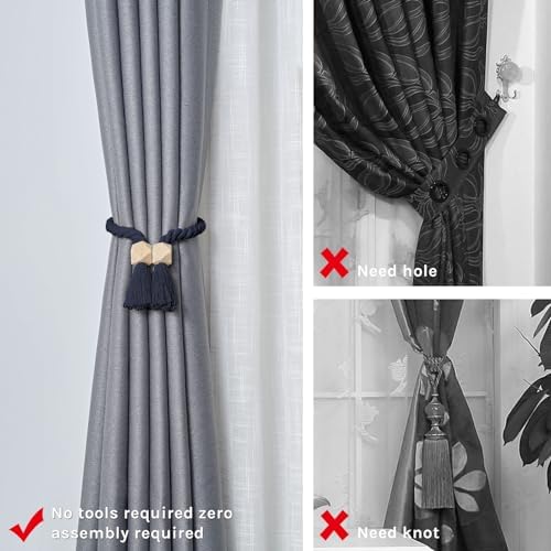 NICEEC 4 Pack Wooden Polyhedron Magnetic Curtain Tiebacks Boho Home Decor Drape - Image 2